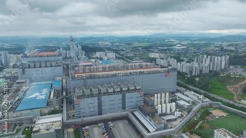 Aerial Drone View of Advanced Semiconductor Chip Manufacturing Plant and Industrial Complex in Icheon, South Korea