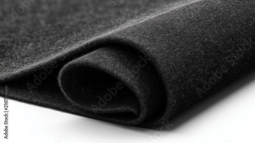 Black felt fabric texture background, soft dark textile material with rolled edge detail.