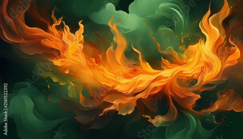 vibrant orange flames erupt against a deep green smoky background