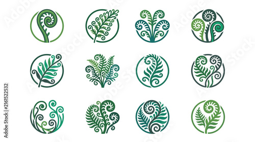 Set of decorative green fern leaf illustrations in circular frames.