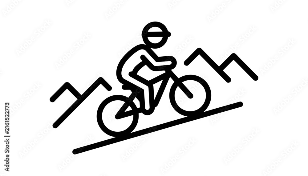 Fototapeta premium Mountain biking minimal outline line art vector icon showing cyclist riding uphill on trail background template