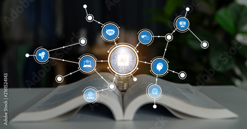 Obraz na płótnie This image showcases an open book surrounded by interconnected icons representing artificial intelligence and knowledge sharing, perfect for educational or tech-related projects