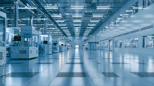 Technological semiconductor cleanroom interior with advanced manufacturing lines and illuminated flooring.