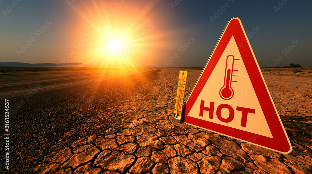 Obraz premium A hot warning sign and thermometer standing on dry cracked earth under a blazing summer sun. Represents climate change and extreme global warming issues.