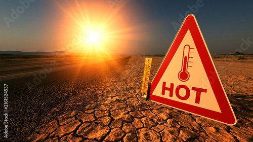 A hot warning sign and thermometer standing on dry cracked earth under a blazing summer sun. Represents climate change and extreme global warming issues.