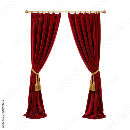 Elegant red velvet theater curtains, tied back with golden ropes and tassels, hang from a polished brass rod against a clean white background