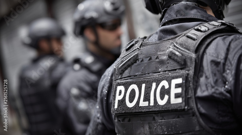 Tactical police officers in black uniforms and protective gear standing in a line.