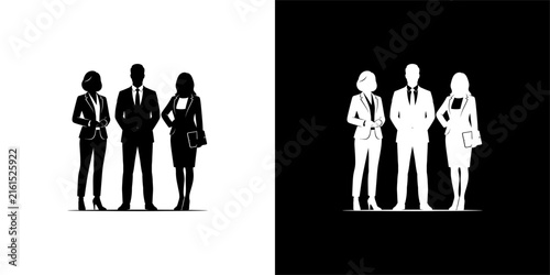 Silhouette of three business people standing together, two women and one man in suits, isolated on a white background