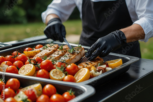 Professional chef wearing black gloves preparing gourmet seafood dish with cherry tomatoes and fresh lemon wedges inside rectangular metal tray.