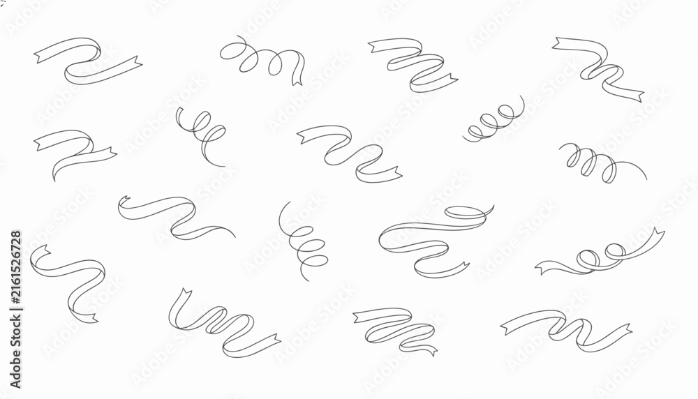Fototapeta premium Collection of diverse black outline party ribbons and swirling confetti curls scattered across a clean white background.