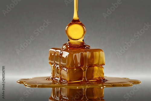 Golden viscous liquid pouring over translucent cubes onto a reflective surface against a dark background creating a luxury aesthetic scene.