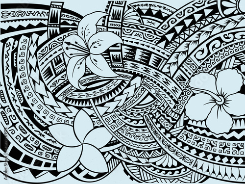 Polynesian tribal floral pattern background vector illustration with tropical flowers