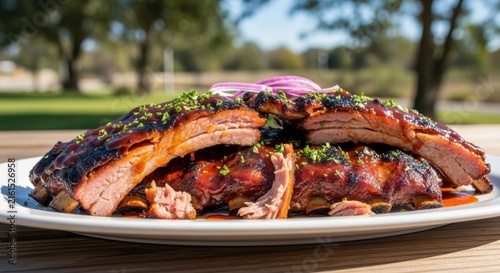 Succulent barbecue pork ribs with sauce and red onion garnish on white plate outdoors.