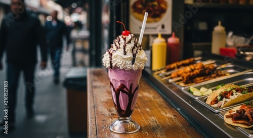 Strawberry milkshake with whipped cream, chocolate syrup, and cherry, street food stall.