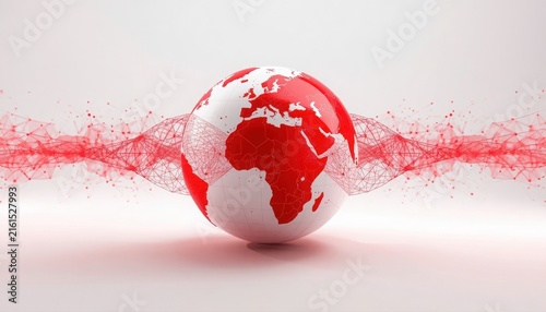 Red and white globe map with exploding particle wave effect on white background continents particles explosion dispersion astronomy geography universe astrophysics celestial planetoid