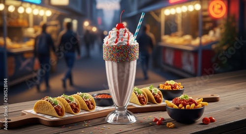Sweet milkshake with sprinkles and whipped cream next to mini tacos and french fries.