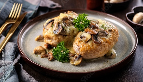 garlic butter mushroom stuffed chicken homemade comfort food closeup photo