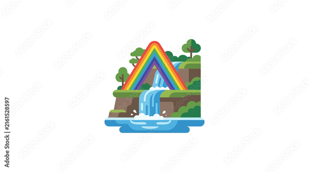 Fototapeta premium Vibrant illustration of a majestic waterfall flowing under a colorful rainbow arch.