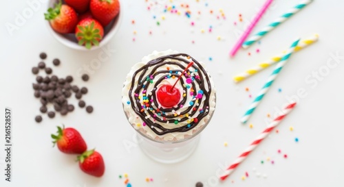 Sweet strawberry milkshake with whipped cream and cherry topping.