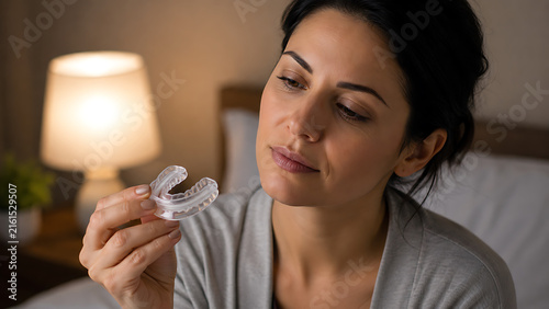 woman holding clear dental mouthguard night guard for teeth grinding bruxism and temporomandibular joint disorder protection before sleep in cozy dimly lit bedroom