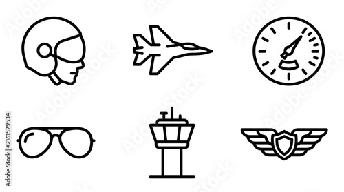 Set of 8 monochrome line icons for Aviator's Day isolated on white background