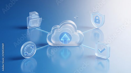 Naklejka cloud computing data upload concept with glass translucent cloud icon surrounded by folder sync arrow security shield lock and checkmark symbols on blue background