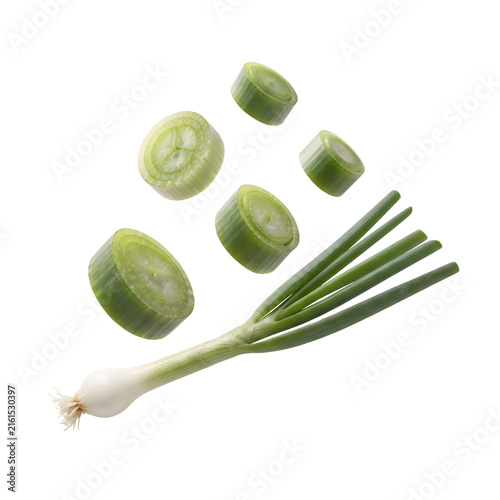 Foto Whole scallion with flying sliced green onion pieces