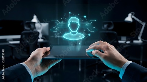 A business professional using a tablet to interact with a futuristic holographic image of a human profile in a dark office environment