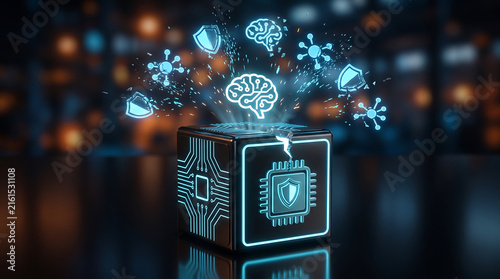 artificial intelligence system breach concept with cracked technology cube releasing glowing brain neural network node and shield protection icons on dark background