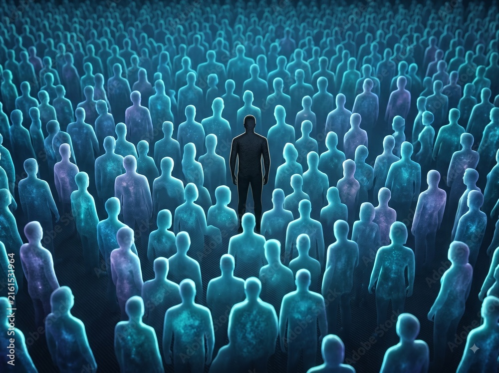 Obraz premium Dark Human Silhouette Standing Out in Crowd of Glowing Translucent Blue Figures