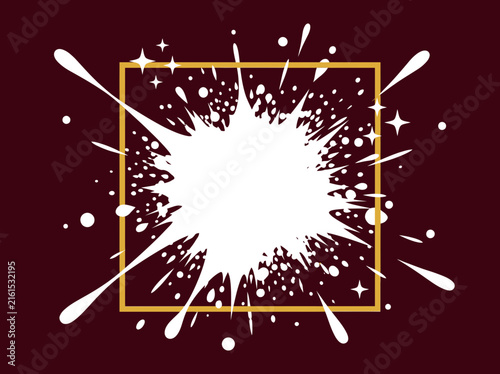 Modern White Splatter Explosion in Gold Square Frame on Dark Red Background