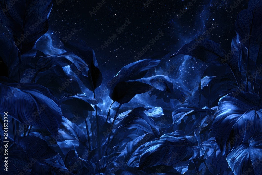 Obraz premium Cobalt foliage composition with starry night sky â€” illustration of tropical leaves