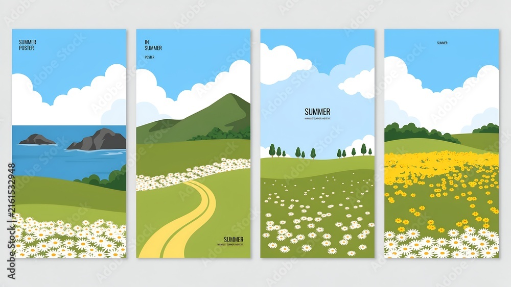 Fototapeta premium Set of Four Minimalist Summer Nature Backgrounds Featuring Coastal Views, Green Mountains, and Floral Meadows
