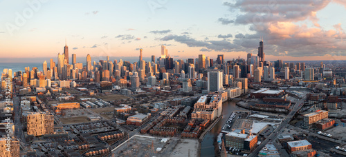 Expansive Chicago skyline in golden hour light