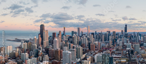 Wide aerial panorama of downtown Chicago at dusk