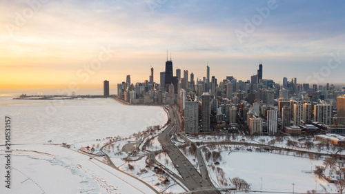 Winter sunrise over the Chicago skyline and lakefront