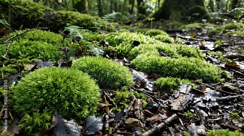 Soft emerald bryophyte tufts spreading thickly across a moist woodland ground surface moss forest green floor nature tranquil carpet scene close-up vibrant serene atmosphere eco outdoor concept