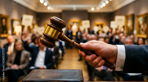 Auctioneer holding wooden gavel striking bidding block at lively auction event with bidders raising paddles in a gallery room