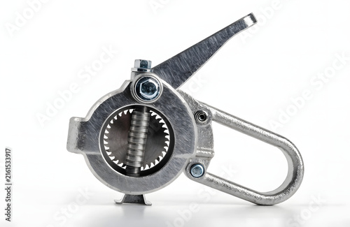 Compact manual pipe cutter tool for plumbing and metal tube cutting isolated on white.