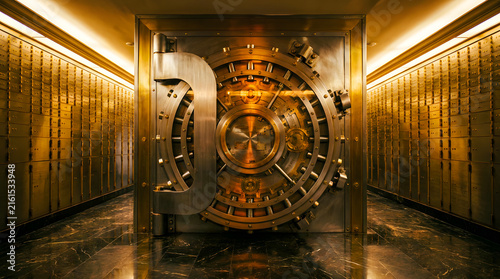 Massive bank vault door opening in a secure financial corridor lined with rows of shining golden safe deposit boxes strong security system and financial protection