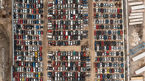 Large auto salvage yard filled with rows of vehicles