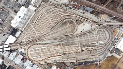 Complex rail yard with branching tracks viewed from above