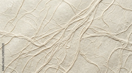Macro view of natural cellulose fibers on textured handmade paper surface