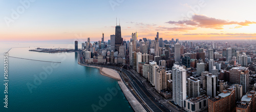 Chicago lakefront skyline panorama at sunset