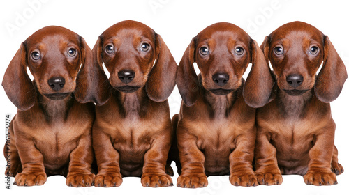Four adorable brown dachshund puppies sitting in a row isolated on white background
