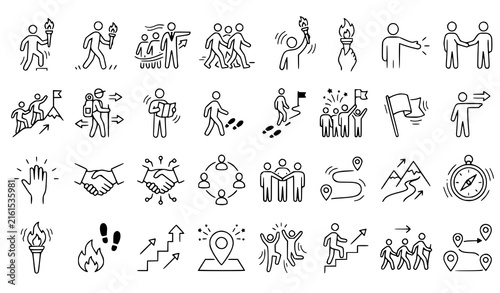 Foto Animated Leadership Teamwork Torch Adventure and Journey Linear Icons Vector Set