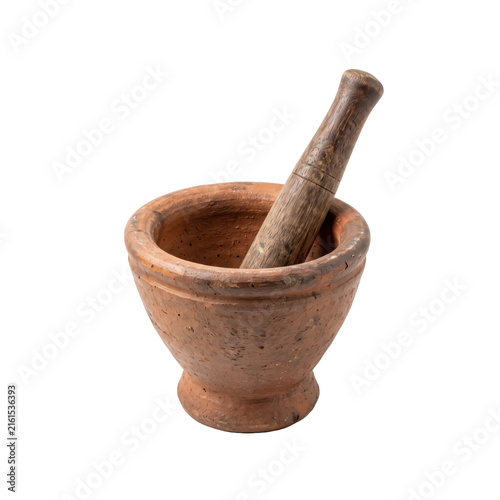 Konstfotografi Traditional clay mortar and pestle set for grinding spices and herbs