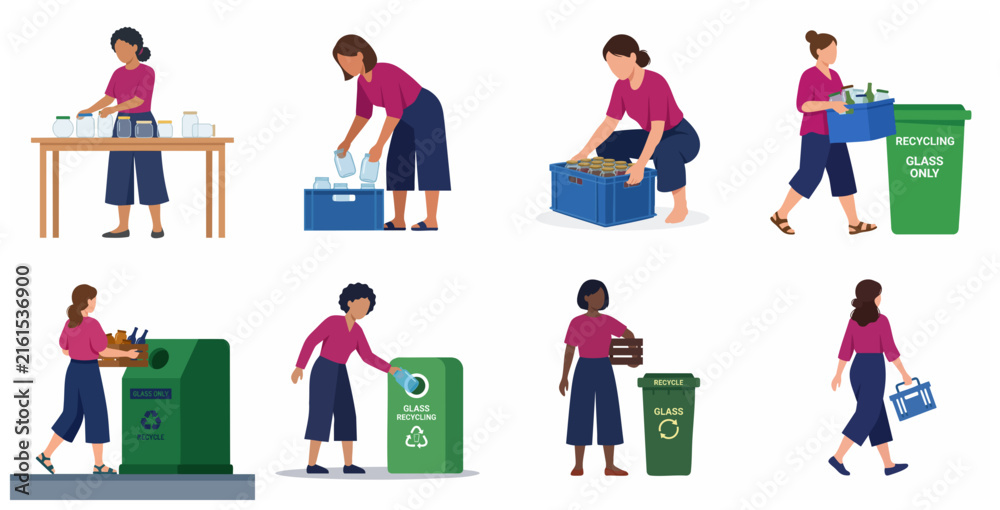Fototapeta premium Flat vector illustration set of women sorting and recycling glass jars and bottles into green bins for environmental conservation