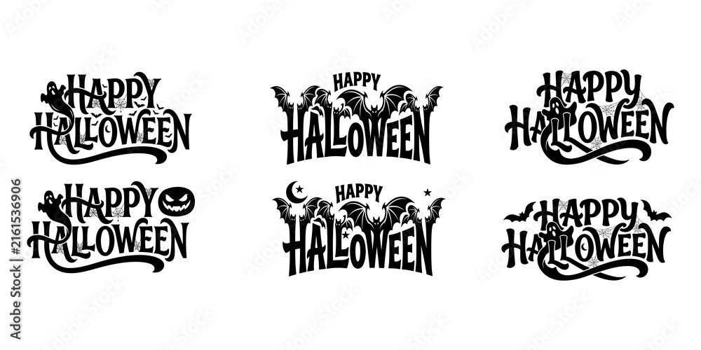 Obraz premium A collection of six unique black and white happy Halloween lettering designs featuring spooky fonts and decorative holiday themed elements.