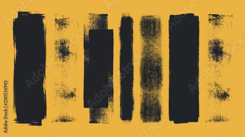 Set of grunge rolled ink stamp textures handmade with brayer. Letterpress vintage rough rectangle vertical backgrounds. Linocut relief printing shapes vector illustration isolated on yellow background